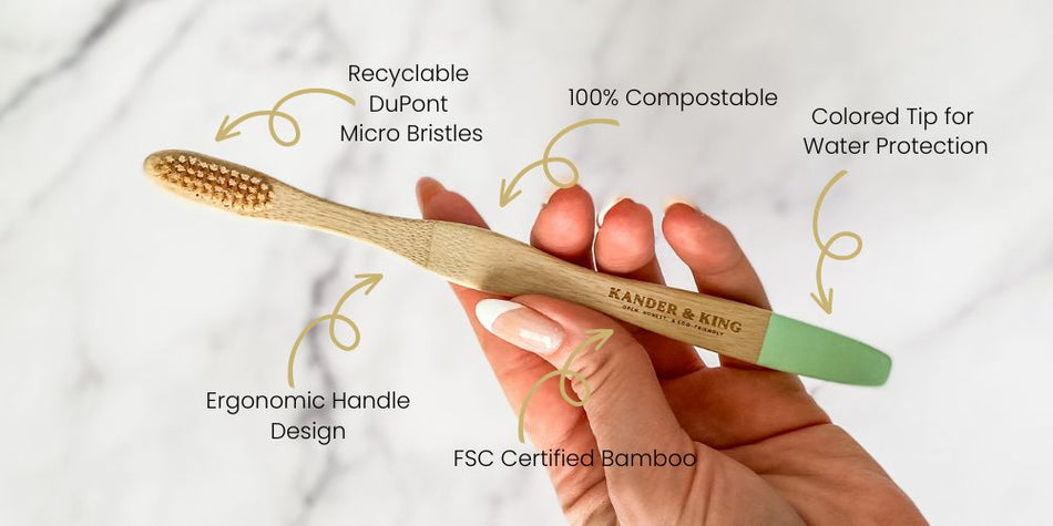 bamboo toothbrush that is 100% compostable, FSC certified, has micro bristles, and an ergonomic handle